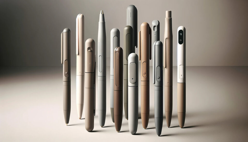 A minimalist and modern image showcasing a selection of contemporary ballpoint pens. The pens should be designed with sleek simple lines